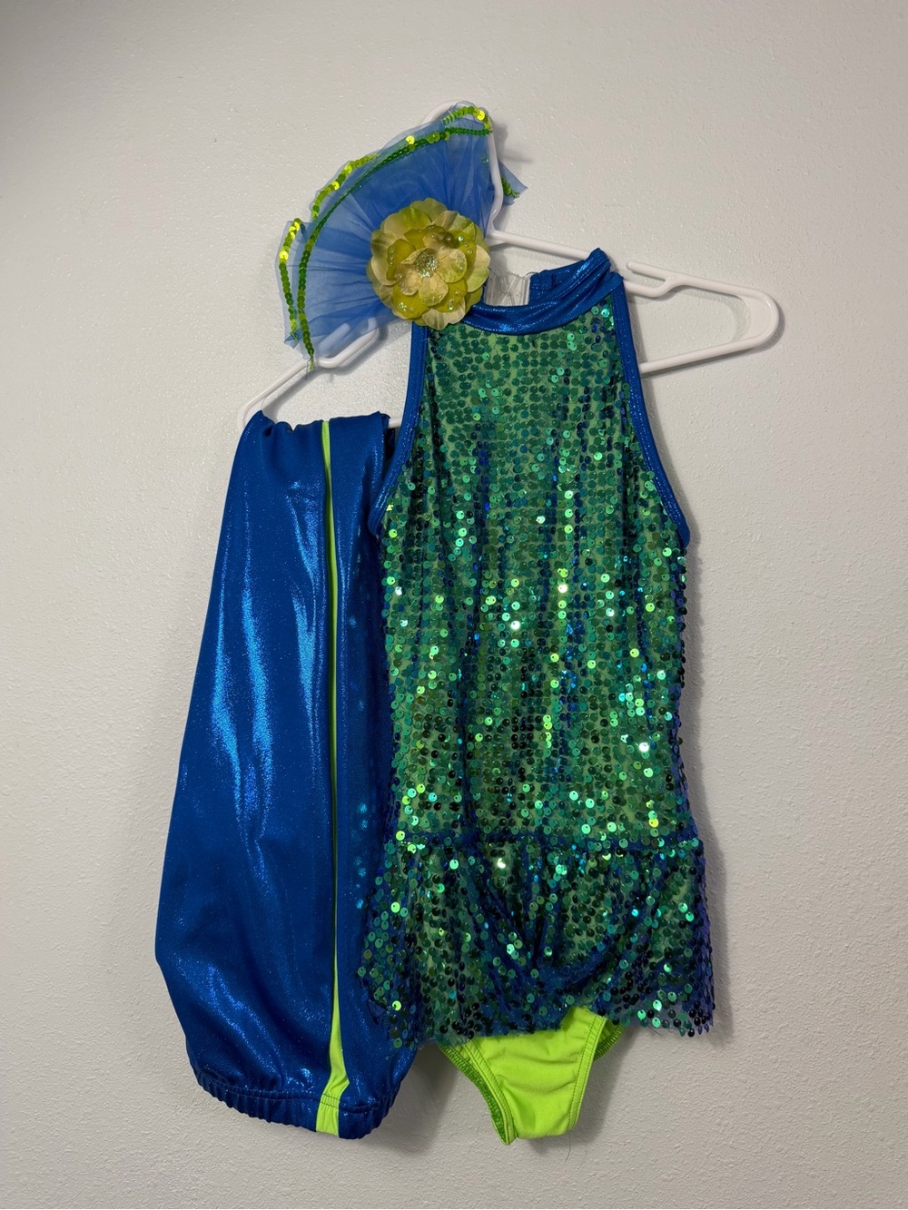 Kids Green & Blue Sequin Dance Costume with Headpiece